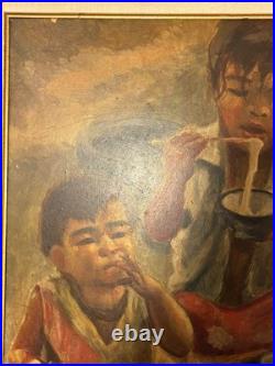 Chinese Folk Art Street Scene Oil Painting Brothers Children Boys Eating Noodles Chinese Folk Art Street Scene Oil Painting Brothers Children Boys Eating Noodles