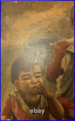 Chinese Folk Art Street Scene Oil Painting Brothers Children Boys Eating Noodles