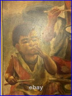 Chinese Folk Art Street Scene Oil Painting Brothers Children Boys Eating Noodles