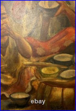 Chinese Folk Art Street Scene Oil Painting Brothers Children Boys Eating Noodles