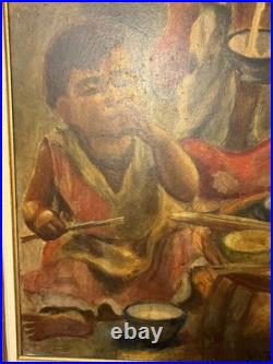 Chinese Folk Art Street Scene Oil Painting Brothers Children Boys Eating Noodles