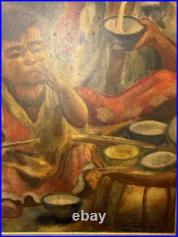 Chinese Folk Art Street Scene Oil Painting Brothers Children Boys Eating Noodles