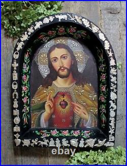 Chirst & Sacred Heart Original Painting & Mliagro Wood Retablo Mexican Folk Art