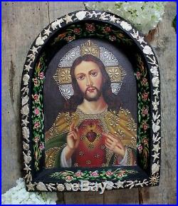 Christ & Sacred Heart Original Painting & Milagros Wood Retablo Mexican Folk Art