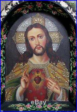 Christ & Sacred Heart Original Painting & Milagros Wood Retablo Mexican Folk Art