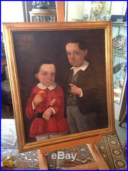 Circa 1800 Continental Oil Painting on Linen The Brothers Folk Art Portrait