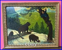 Circa 1940S Oil On Board Folk Art Painting Bear And Hunter