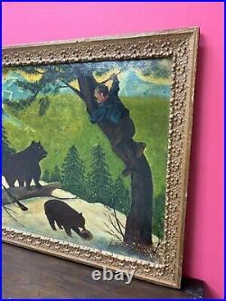 Circa 1940S Oil On Board Folk Art Painting Bear And Hunter