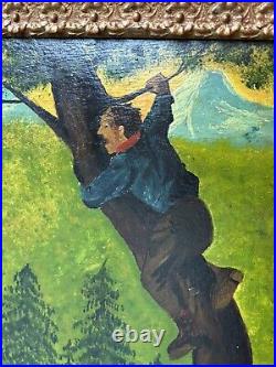 Circa 1940S Oil On Board Folk Art Painting Bear And Hunter