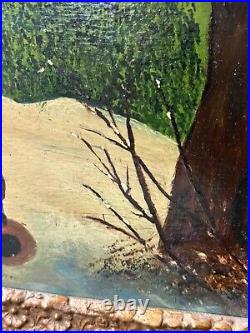 Circa 1940S Oil On Board Folk Art Painting Bear And Hunter