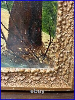 Circa 1940S Oil On Board Folk Art Painting Bear And Hunter