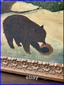 Circa 1940S Oil On Board Folk Art Painting Bear And Hunter