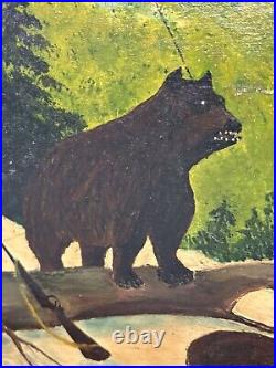 Circa 1940S Oil On Board Folk Art Painting Bear And Hunter