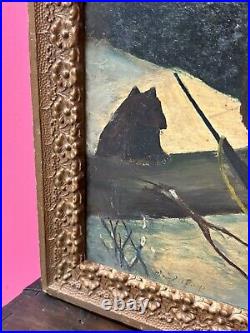 Circa 1940S Oil On Board Folk Art Painting Bear And Hunter