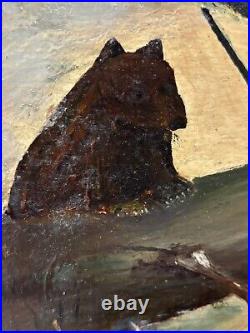 Circa 1940S Oil On Board Folk Art Painting Bear And Hunter