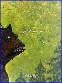 Circa 1940S Oil On Board Folk Art Painting Bear And Hunter