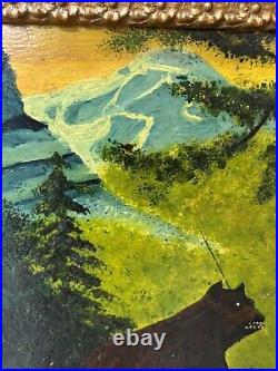 Circa 1940S Oil On Board Folk Art Painting Bear And Hunter