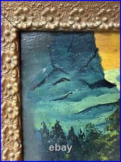 Circa 1940S Oil On Board Folk Art Painting Bear And Hunter