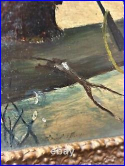 Circa 1940S Oil On Board Folk Art Painting Bear And Hunter