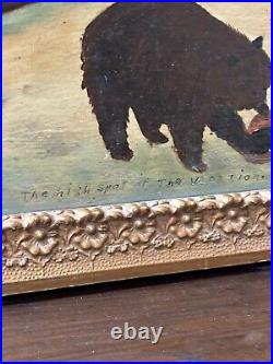 Circa 1940S Oil On Board Folk Art Painting Bear And Hunter