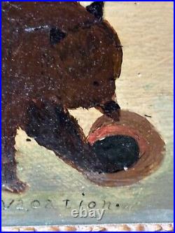 Circa 1940S Oil On Board Folk Art Painting Bear And Hunter