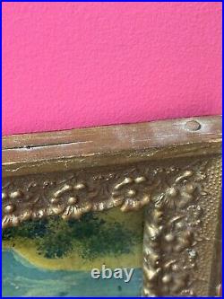 Circa 1940S Oil On Board Folk Art Painting Bear And Hunter