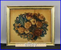 Classical Antique 19thC American Folk Art Velvet Theorem Painting, Gilt Frame