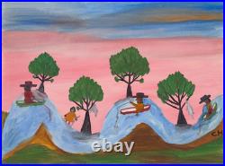 Clementine Hunter (Handmade) Signed Oil Painting on Canvas 16x24 in Naive Art