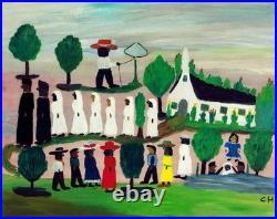 Clementine Hunter (Handmade) Signed Oil Painting on Canvas 16x24 in Naive Art