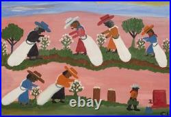 Clementine Hunter (Handmade) Signed Oil Painting on Canvas 16x24 in Naive Art