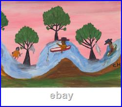 Clementine Hunter (Handmade) Signed Oil Painting on Canvas 16x24 in Naive Art