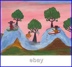 Clementine Hunter (Handmade) Signed Oil Painting on Canvas 16x24 in Naive Art