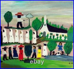 Clementine Hunter (Handmade) Signed Oil Painting on Canvas 16x24 in Naive Art
