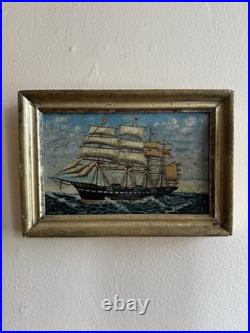Clipper Ship On Tin American Folk Art Beauty Gorgeous Colors Signed US Flag