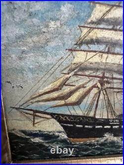 Clipper Ship On Tin American Folk Art Beauty Gorgeous Colors Signed US Flag