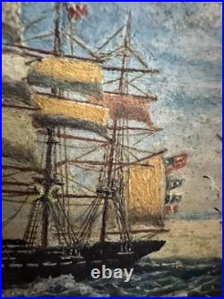 Clipper Ship On Tin American Folk Art Beauty Gorgeous Colors Signed US Flag