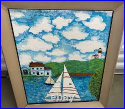 Collectible Framed Folk Art Painting Clouds Sailboats Lighthouse 25 X 22