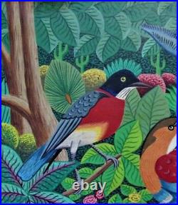 Collectible Haitian Folk Art Naif BIJOUX Painting D. DUCLAIR Haiti forest birds