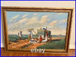 Colorful Original Oil Painting o Board Cotton Picking Harvest Vintage Folk Art