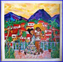 Colorful Village Large Oil Painting On Canvas Signed Mexican Folk Art Dancers