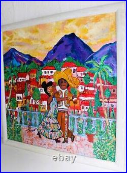 Colorful Village Large Oil Painting On Canvas Signed Mexican Folk Art Dancers