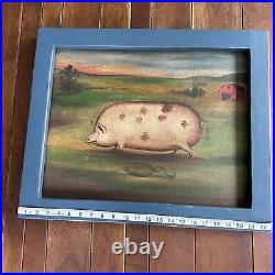Contemporary American Folk Art Oil Painting Pig Hog Farm Barn M C Daniels Vtg 90