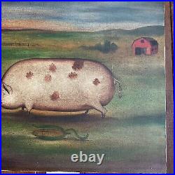 Contemporary American Folk Art Oil Painting Pig Hog Farm Barn M C Daniels Vtg 90