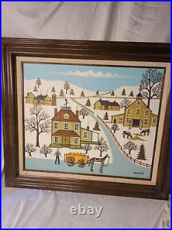 Contemporary Folk Art Winter Village Scene Oil on Canvas Painting L. Lyuins