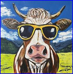 Cool Cow Sunglasses 12x12 Original OOAK Acrylic Canvas Signed withCOA