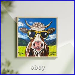 Cool Cow Sunglasses 12x12 Original OOAK Acrylic Canvas Signed withCOA