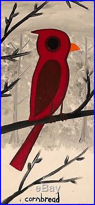 Cornbread Anderson Original Cardinal In The Snow Folk Outsider Art Painting