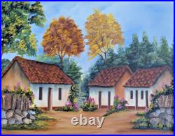Costa Rica Folk Art Oil Painting Typical Terracotta Homes by Artist G. Fung 20