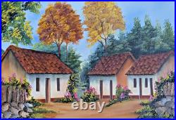 Costa Rica Folk Art Oil Painting Typical Terracotta Homes by Artist G. Fung 20