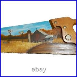 Country Barn Windmill Painting Prim Folk Art Painted Hand Saw Tool OOAK Signed